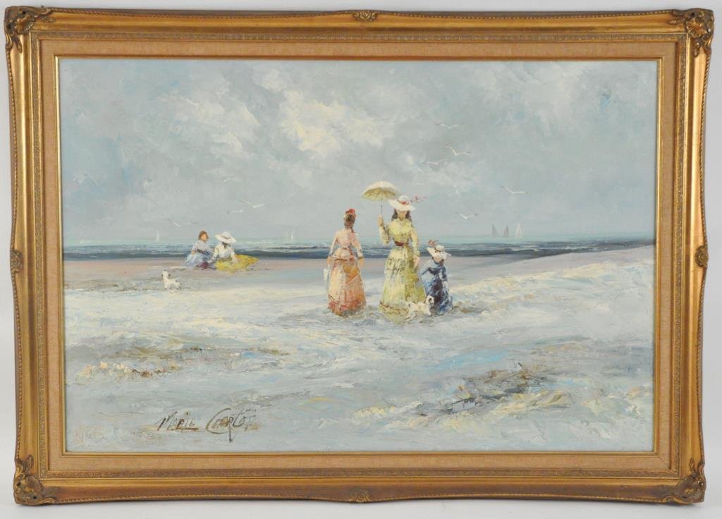 MARIE CHARLOT (FRENCH 20TH CENTURY) O/C: Impressionist beach scene. Signed lower left. Dimensions: H 29.5" x W 41.5"Condition: Good