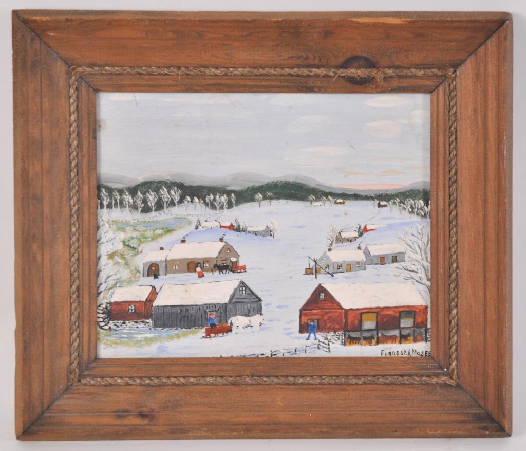 FORREST KING MOSES (AMERICAN, 1893 - 1974): Oil on board, untitled, town snow scene, signed lower rightDimensions: Frame H 12" x W 14", Sight H 7.5" x W 9.5"Condition: good, some dirt