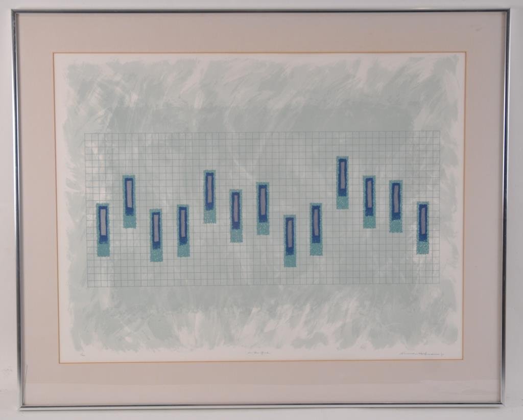 ARNOLD HOFFMAN JR ( AMERICAN 1915 -1991): "On The Grid"Color lithograph on paper, edition 1/40, titled singed lower right.Dimensions: Frame H 30" x W 37", Sight H23" x W 30.5"Condition: good