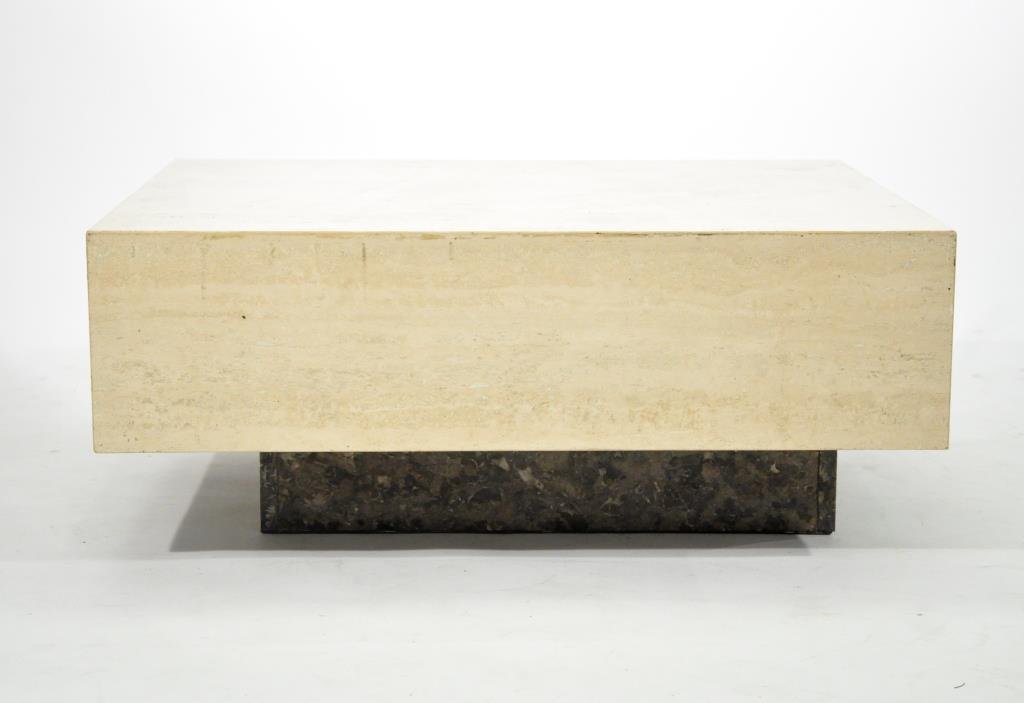 KAGAN STYLE TRAVERTINE MARBLE COFFEE TABLE: Dimensions: H 14.5" x W 30" x D 36"Condition: good