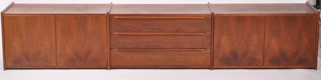 MID-CENTURY NORWEGIAN TEAK FLOATING CABINET: Marked Made in Norway to backDimensions: H 18.5" x W 97" x D 18"Condition: good