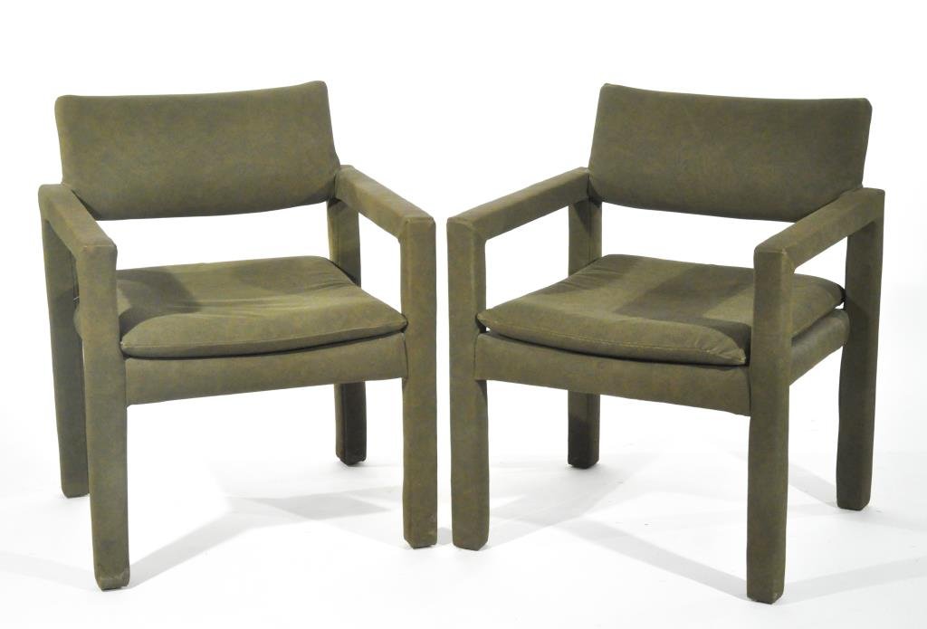 PAIR OF MILO BAUGHMAN CHAIRS: Label to bottomDimensions: H 31" x W 32.5" x D 21.5"Condition: Good