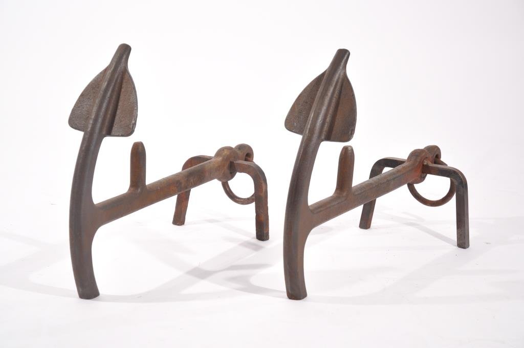 PAIR OF MID-CENTURY ANCHOR ANDIRONS: IronDimensions: H 17" x W 5" x D 24"Condition: Good