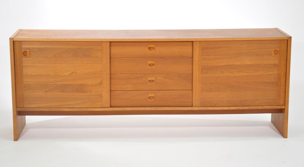 MID-CENTURY DANISH CREDENZA: Possibly by DrylundDimensions: H 27" x W 72.5" x D 16"Condition: good, some light wear to finish in areas