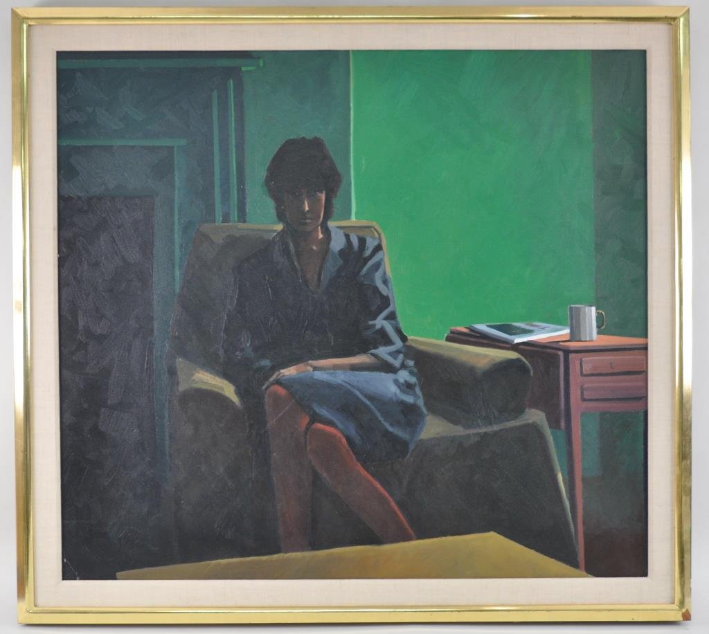 CUBIST SEATED WOMAN PAINTING: Oil on canvas, unsignedDimensions: H 41.5" x W 45"Condition: Good