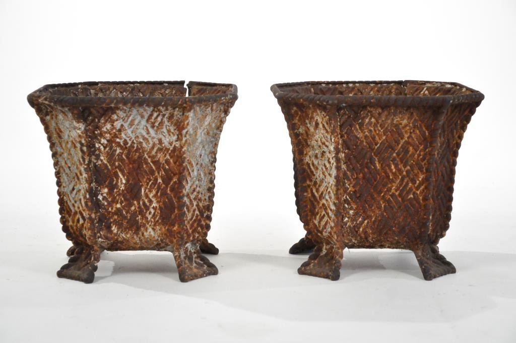 PAIR OF FRENCH CAST IRON BASKETWORK JARDINIERS: Circa 1870Dimensions: H 10.5" x W 11" x D 10.5" eachCondition: good, natural rust and wear to paint