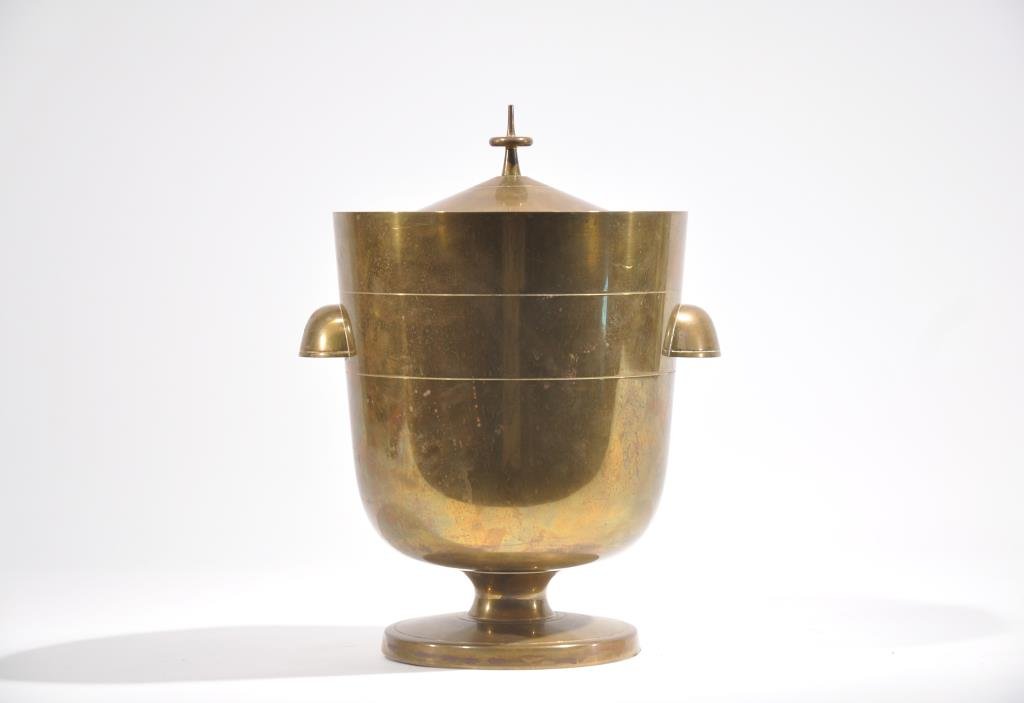 TOMMI PARZINGER ICE BUCKET: with mercury glass liner. Dimensions: H 11" x D 8" Condition: Good, needs polishing.
