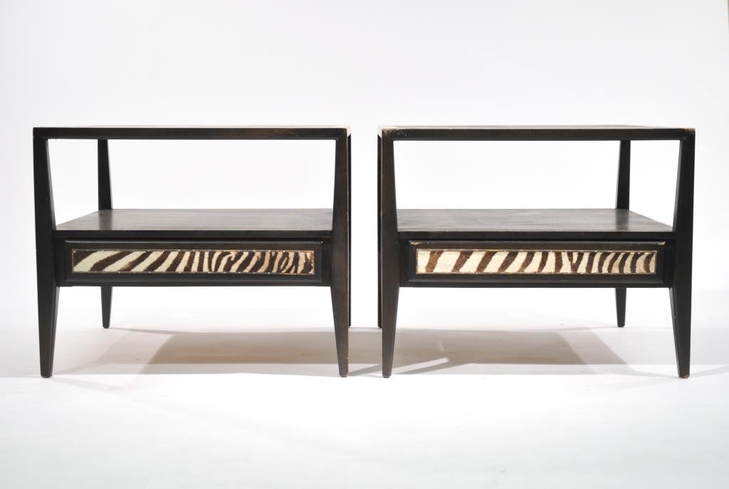 MID-CENTURY ZEBRA HIDE END TABLES: Dimensions: H 21" x W 26" sq Condition: losses and scuffs to paint on top