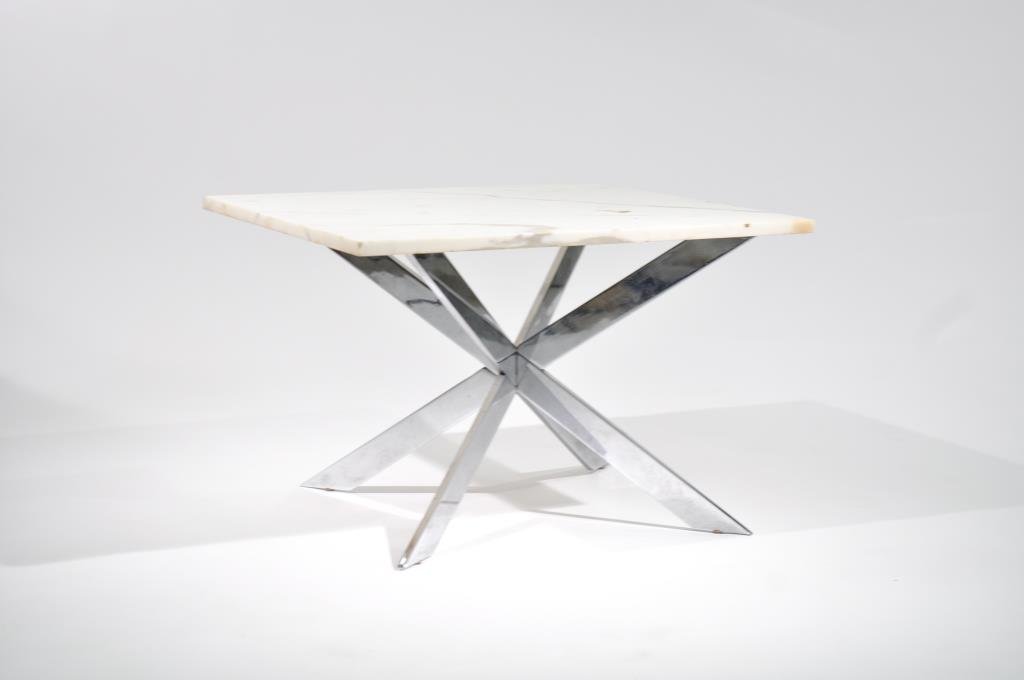 LEON ROSEN FOR PACE MARBLE TOP CHROMED SIDE TABLE: Dimensions: H 18" x W 27" sq Condition: Chips to marble.