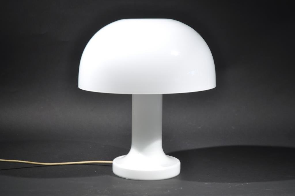 HOLMEGAARD PARASOL GLASS TABLE LAMP: Cased white glass with Holmegaard parasol sticker on bottom. C. 1970, Michael Bang for Holmegaard Dimensions: H 14" x D 12" Condition: Very good.