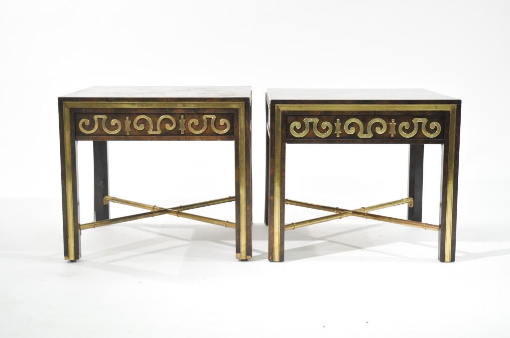 PAIR OF MASTERCRAFT END TABLES: One drawer, with brass bamboo stretcher and brass accents/hardware. Dimensions: H 21" x W & D 24" square Condition: some losses to veneer, brass accents are lifting in some places