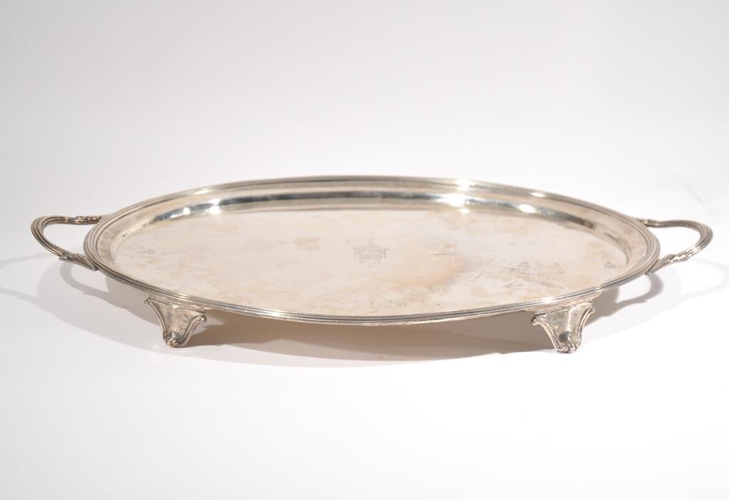 WILLIAM BENNETT ENGLISH STERLING SILVER PLATTER: marked WB, William Bennett Dimensions: H 1.5" x W 18.75" x D 12" Condition: good, surface scratching