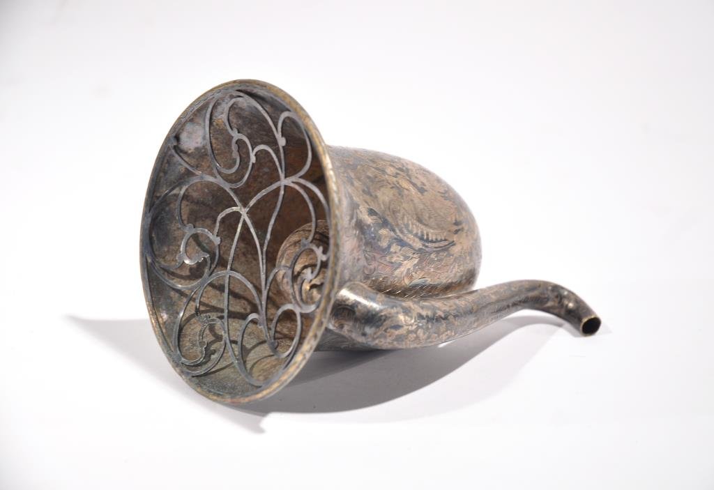 REIN SILVERPLATE GRAND OPERA EAR TRUMPET: Victorian silver-plated ear trumpet, or hearing aid with an Openwork scroll grille and an engraved body and tube, inscribed "Rein & Son, Patented, Sole inventors and makers, 10 Strand London". c1860 D