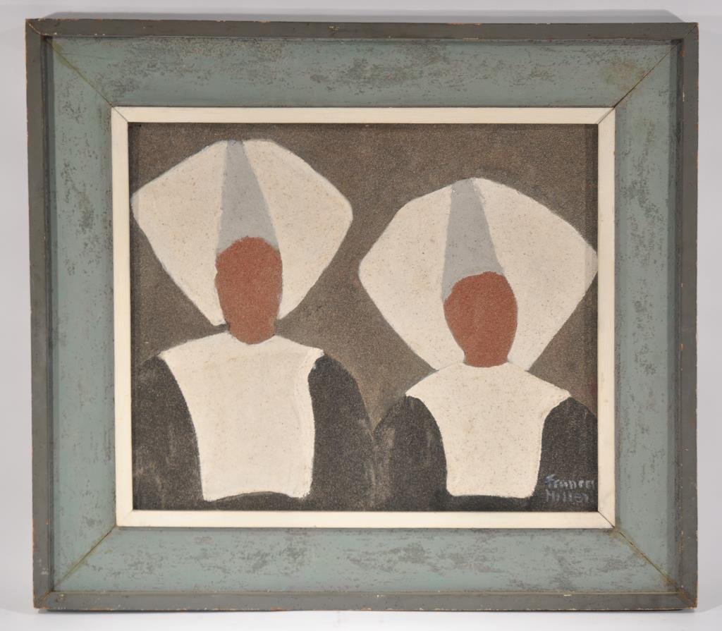 FRANCES MILLER 1966 SAND PAINTING: Frances Miller, signed lower right, 1966, sand painting on board Dimensions: H 29" x W 33.5" frame, H 19.25" x W 29.5" sight Condition: good