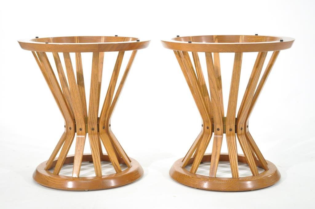 EDWARD WORMLEY PAIR OF SHEATH OF WHEAT SIDE TABLES: For Dunbar, with brass labels Dimensions: H 19" x D17.5" Condition: Very good original condition on bases, lacking glass tops.