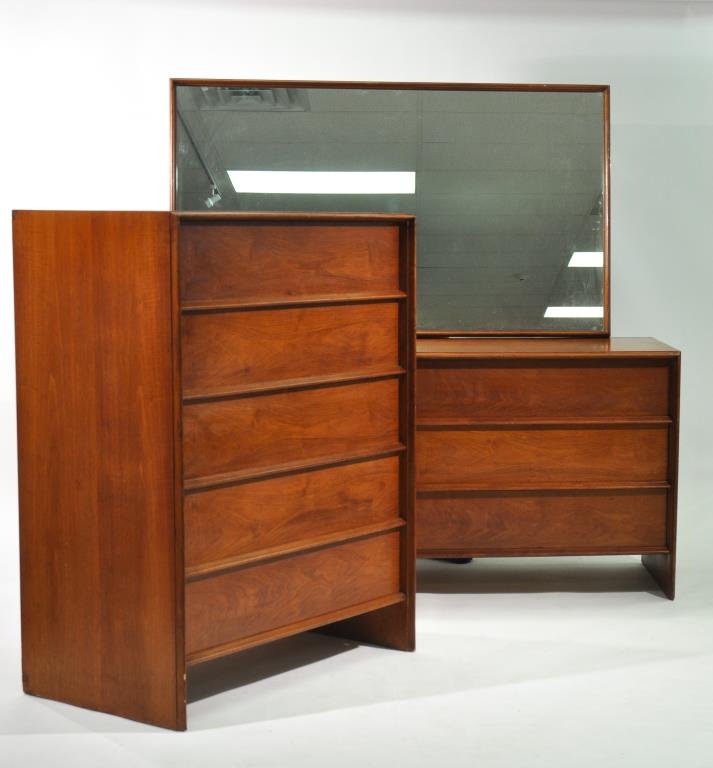 ROBSJOHN GIBBINGS BEDROOM SUITE: For Widdicomb, tall dresser, a sideboard, and accompanying mirror, label inside drawerDimensions: H 30" x W 68" x D 21"Condition: good some losses to finish