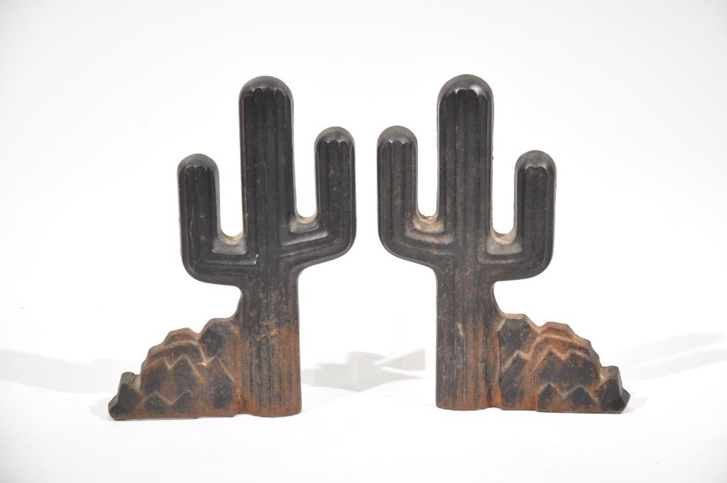 CAST IRON CACTUS ANDIRONS: Dimensions: H 13" x W 10" x D 15" Condition: Good, light rust