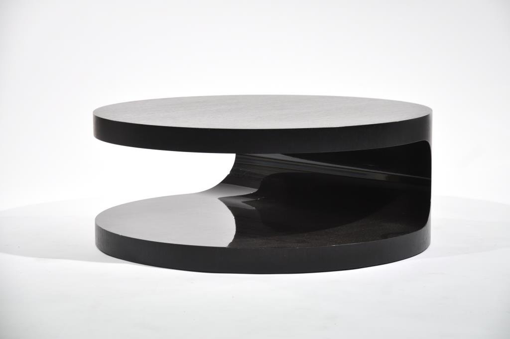 MINOTTI CERNOBBIO BLACK OAK COFFEE TABLE: 20th Century, designed by Gordon/Guillaumier Dimensions: H 14" x D 35.5" Condition: One chip along bottom edge, painted black.