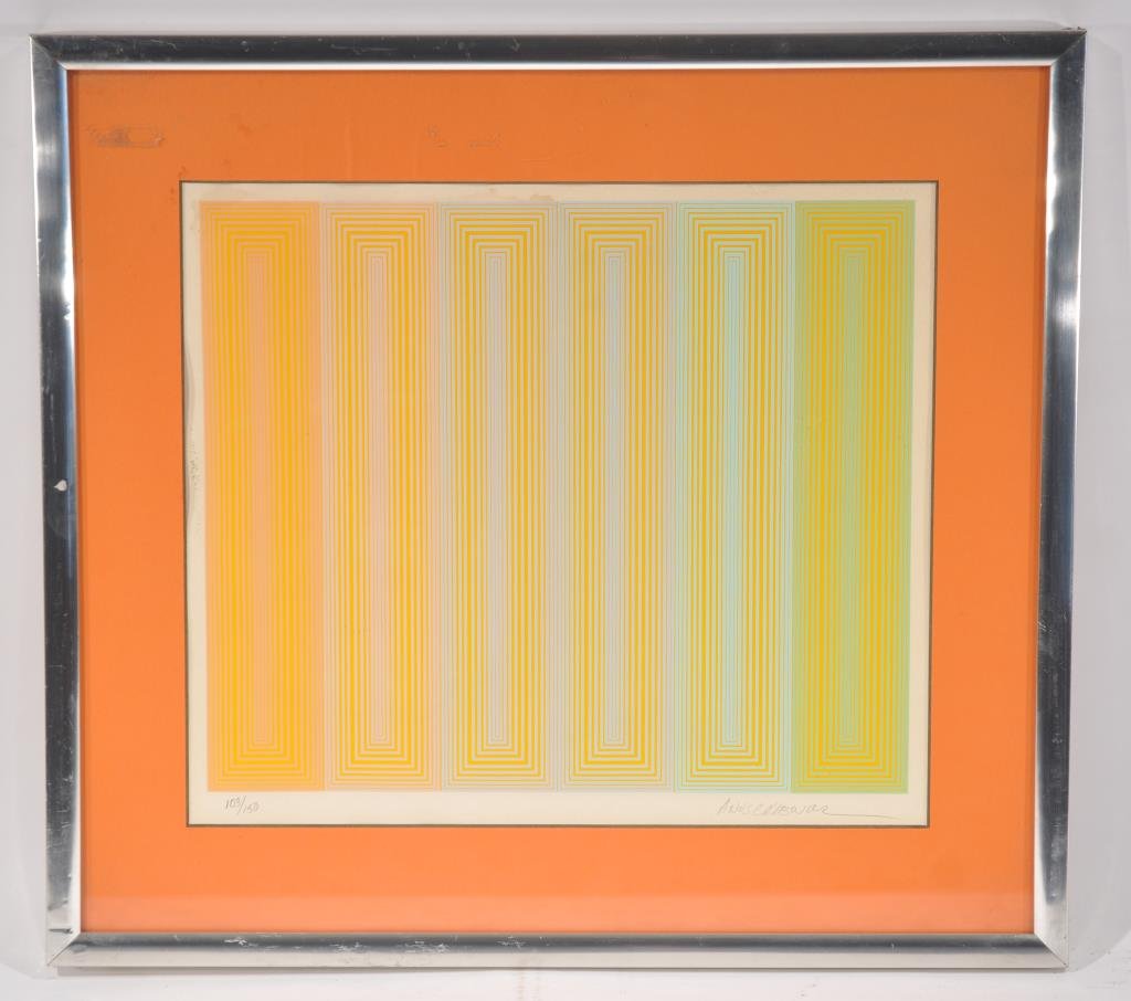 RICHARD ANUSKIEWICZ ( AMERICAN 1930): Untitled (op art) Silkscreen on paper, Signed Anuskiewicz lower right, 103/150 lower left Dimensions: H 19" x W 21", Sigh H 13" x W 15" Condition: some water staining to top and edges