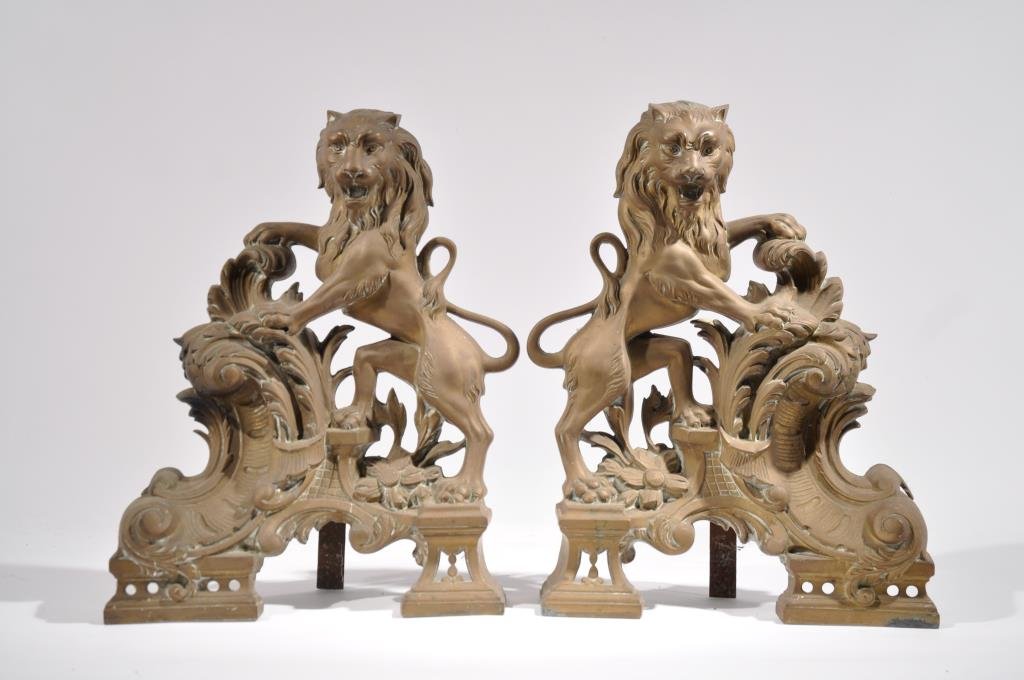 LARGE BRONZE LION ANDIRONS: Dimensions: H 17" x W 14" x D 5" Condition: Good