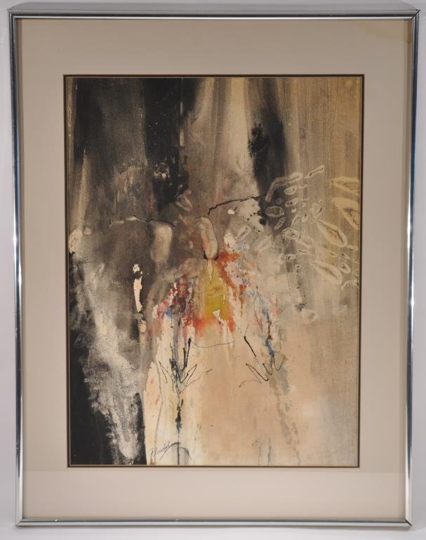 REGINALD FLUDD ( AMERICAN 1938 -: Untitled (bird in flight.)Watercolor and ink on paper, lower center in ink and pencil on paper.Dimensions: Frame H37.5 x W 20", sight H 28" x W 21"