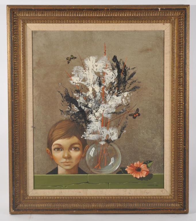 JEAN-PIERRE CLEMENT (FRENCH, 1943- ) PAINTING: 1964 Signed Lower right. Dimensions: Framed: H 28" x W 24" Condition: Good, chips to frame