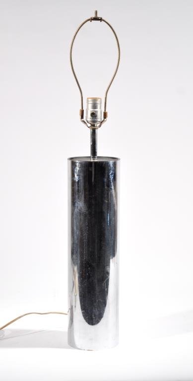 GEORGE KOVACS MID-CENTURY TABLE LAMP: Cylindrical chrome with original sticker on bottom. Dimensions: H 28.5" (to top of hardware) X D 4.5" Condition: Good, very minimal pitting