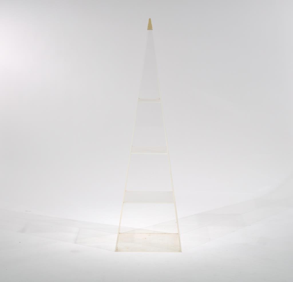 LUCITE OBELISK SHELF: Dimensions: H 56" x W & D 16" square (base) Condition: Scratching on shelves due to use
