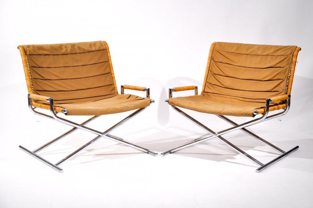 PAIR OF WARD BENNETT SLED CHAIRS: Dimensions:Condition: good, some of the caning has come undone along the supports, fabric cover has some small stains, chrome is overall good with some pitting to the back