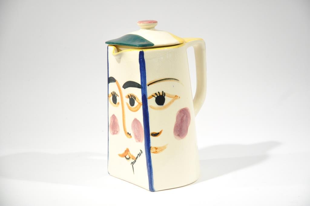 PADILLA AFTER PABLO PICASSO CERAMIC COFFEE POT: Double Female Faces Licensed reproduction. Stamped to bottom "Edition Picasso Padilla, Mexico"Dimensions: H 11" x W 8" x D 6"Condition: Good, crazing.