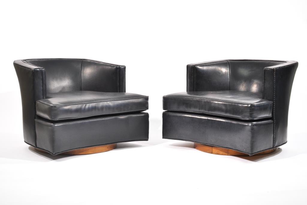 PAIR OF HARVEY PROBBER BLACK SWIVEL CLUB CHAIRS: One is slightly different, may have been re-upholstered. One has original label. Both swivelDimensions: H 24" x W 31" x D 29"Condition: Good, small tear to vinyl.