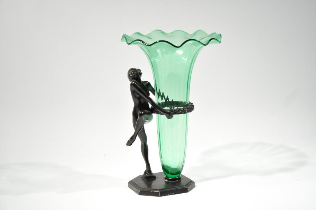 ART DECO FRANKART VASE: C. 1927 It is pictured in the Frankart 1930-31 catalog on page 72, and has original Steuben vaseDimensions: H 12.5" Z D 8"Condition: Good, small paint losses.