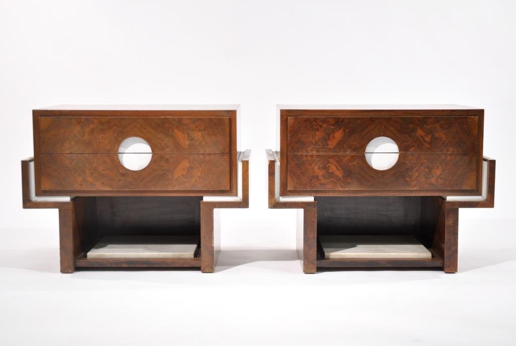 PAIR OF MID-CENTURY END TABLES: Dimensions: H 23" x W 66" x D 17"Condition: Light scratches on top, small losses of veneer to a few corners