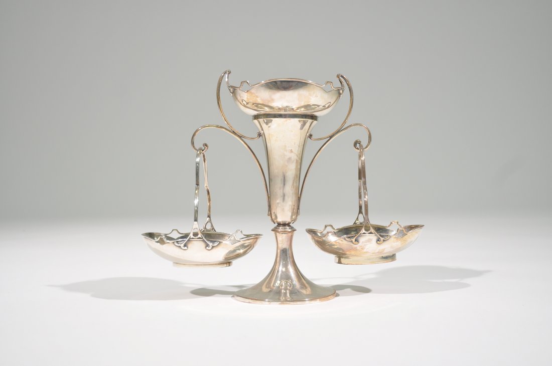 SILVERPLATE & STERLING EPERGNE: Good, marked to bottom. One hanging cup is sterling, while the other cup and main stem is silverplate.Dimensions: H 8" x W 11" x D 3.5"Condition: good