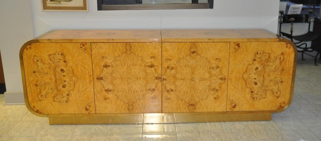 PACE COLLECTION (ATTR.) SIDEBOARD CABINET: High gloss burl wood veneer with brass trim detail, unmarkedDimensions: H 32" x W 96" x D 21.5Condition: quite good, some small bumps to brass trim along bottom, some light patina