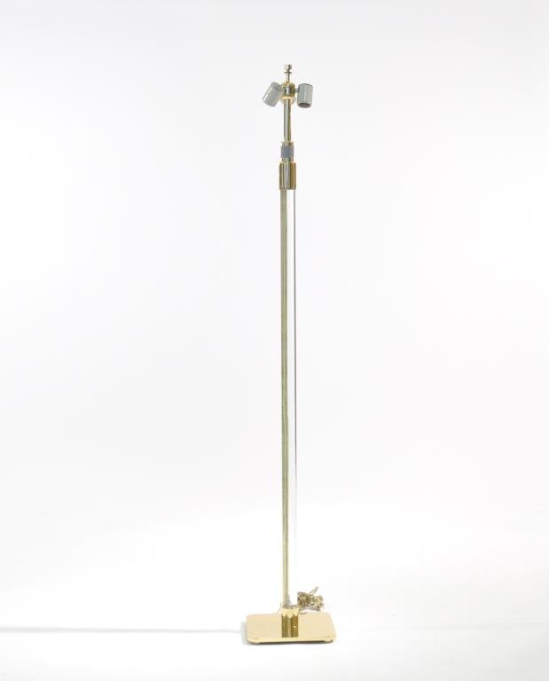 HANSEN LIGHTING CO. LUCITE FLOOR LAMP: 3 light socket, rotating switch on stemDimensions: H 57.5" x W 9" x D 9"Condition: very good, some patina to brass, untested