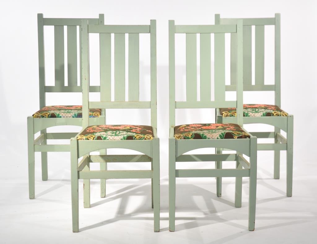 4 GUSTAV STICKLEY SIDE CHAIRS: Repainted, reupholstered Dimensions: H 39.5" x W 15.5" x D 16.5" Condition: structurally fine, good