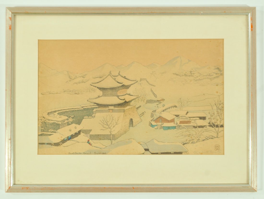 ELIZABETH KEITH (BRITISH 1887-1956): " East Gate, Seoul, Sunrise",1921 Color woodblock print, titled and intrails and dated, signed lower right. Dimensions: Frame H 17.5" x W 23.25", Sight: H10.5" x W 17"Condition: fair, some foxing, and