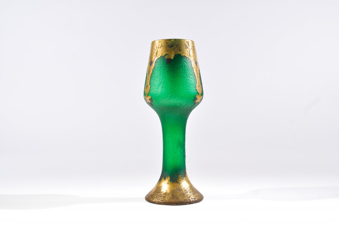 LEGRAS & CIE ST. DENIS EXHIBITION ART GLASS VASE: Legras & Cie de Saint Denis, Paris. Chipped ice Bohemian art glass in an emerald green color with gold colored overlayed acorns and oak pattern. Dimensions: H 17" x Diameter 6"Condition: Good, minor s
