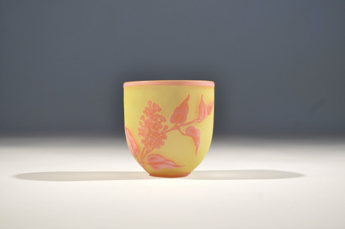 CAMEO GLASS LAMP SHADE ATTR TO THOMAS WEBB: White to pink to yellow cut cameo glass lamp shade with flowers, foliage. Unsigned but attributed to Thomas Webb, English, 19th Century Dimensions: L 3.5" x D 3.25" (bottom opening) x D 1.25" (top ope