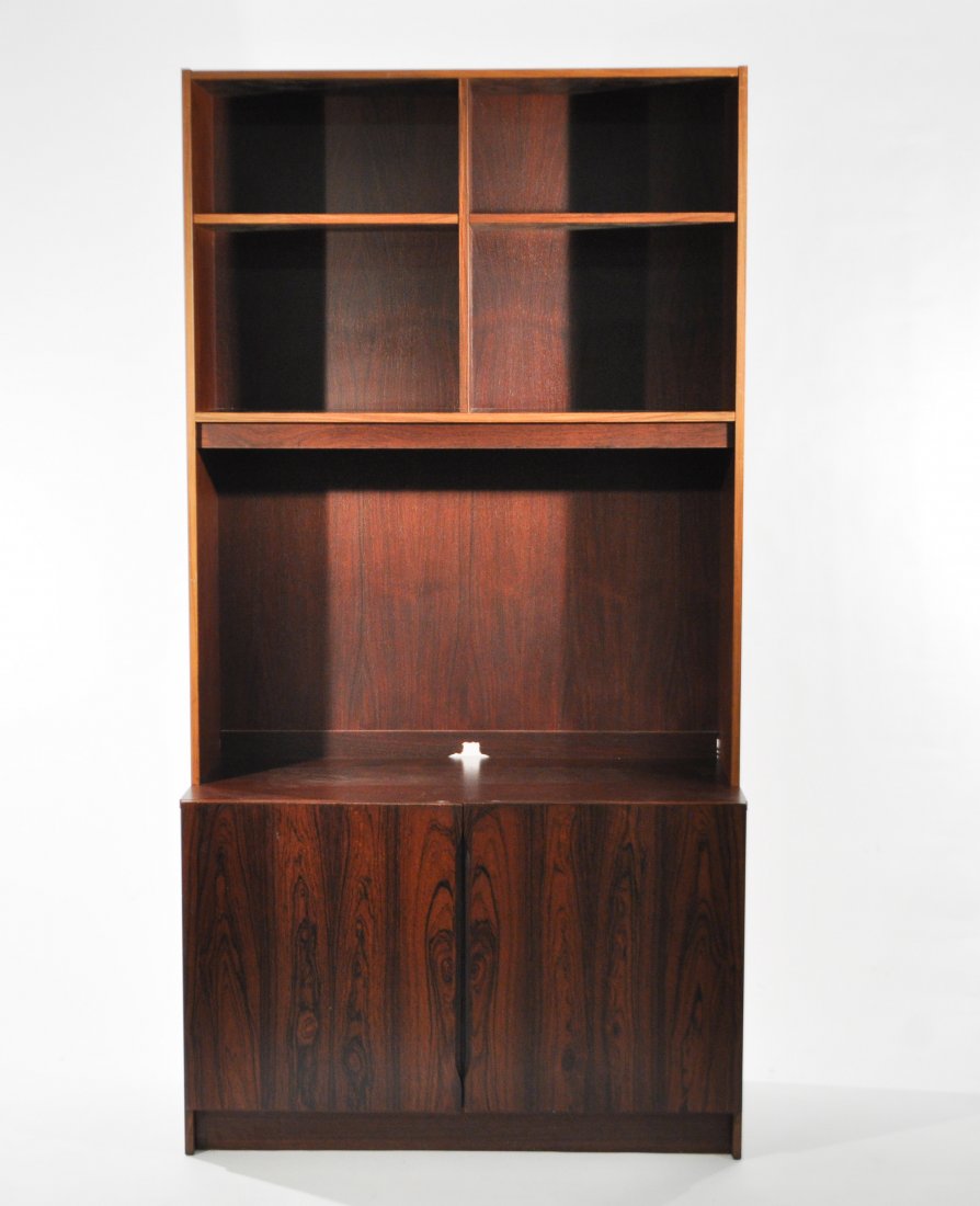 DANISH ROSEWOOD CABINET UNIT: Marked Made in Denmark to backDimensions: H 76" x W 39.5" x D 19"Condition: overall good, the back panel has been sawed to make way for cables, small losses to veneer mainly on the back legs