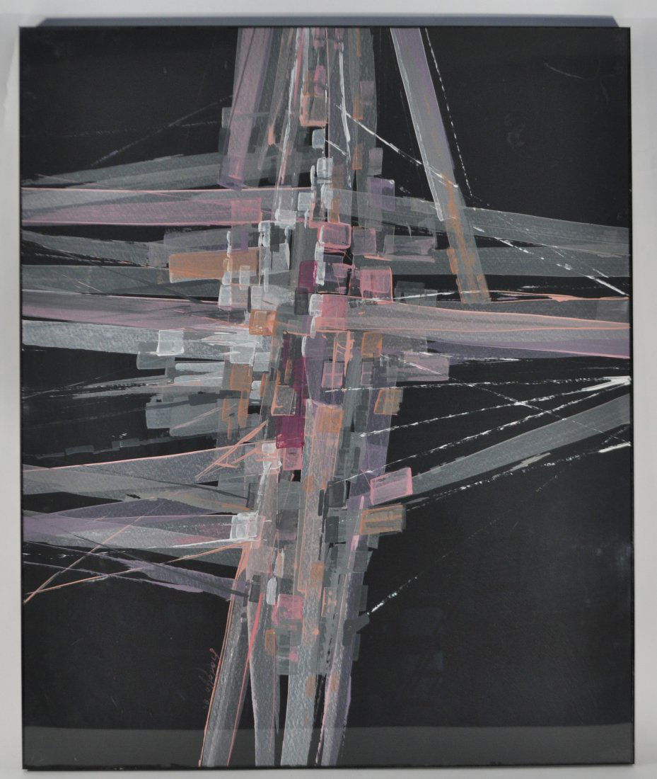 20TH CENTURY ABSTRACT PAINTING: Artist RODOLFOUntitled ( Abstract color and hard edged shapes), 1985Oil on board, signed lower right center.Dimensions: H40" x W 48"Condition: good