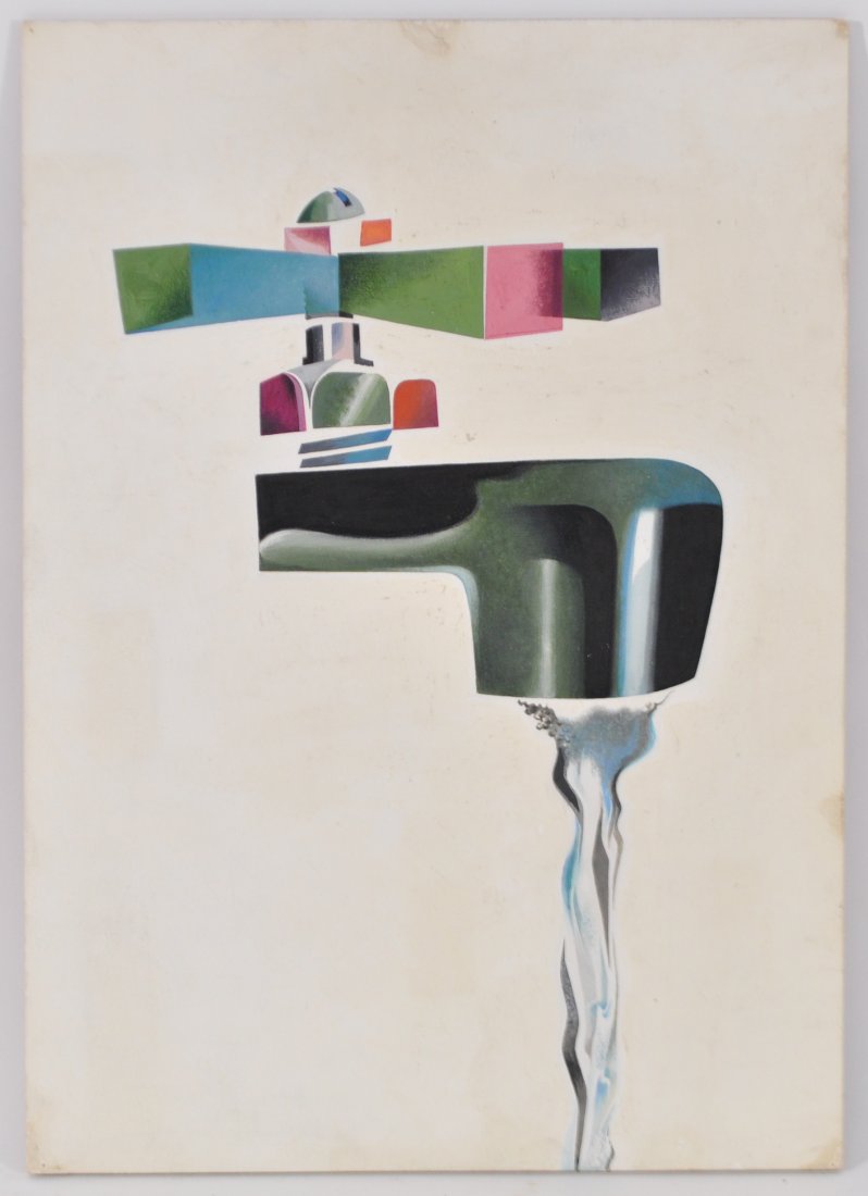 IRVIN J. KAMENS (UKRAINIAN /AMERICAN 1912-1955): Untitled illustration (water faucet ),ca.1950's/60's Temper color on board, on the back IRVIN KAMENS, R76.Dimensions: H 18.5" x W 13.25" Condition: good, four small holes on all sides some scuff marks