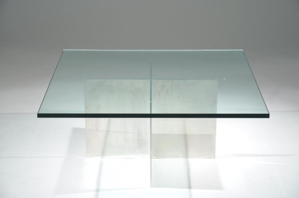 PAUL MAYEN FOR HABITAT COFFEE TABLE: Dimension: H 15.75" x W 36" x D 36"Condition: good, chip to one corner of glass, surface scratching to glass