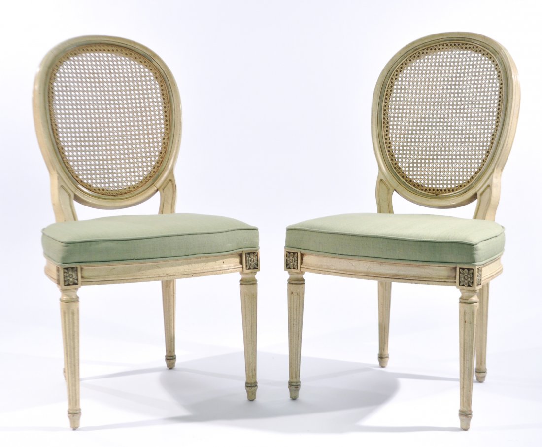 PAIR OF HENREDON CANE BACK SIDE CHAIRS: Dimensions: H 38.25" x W 20.5" x D 22"Condition: Normal signs of wear to wood, clean upholstery