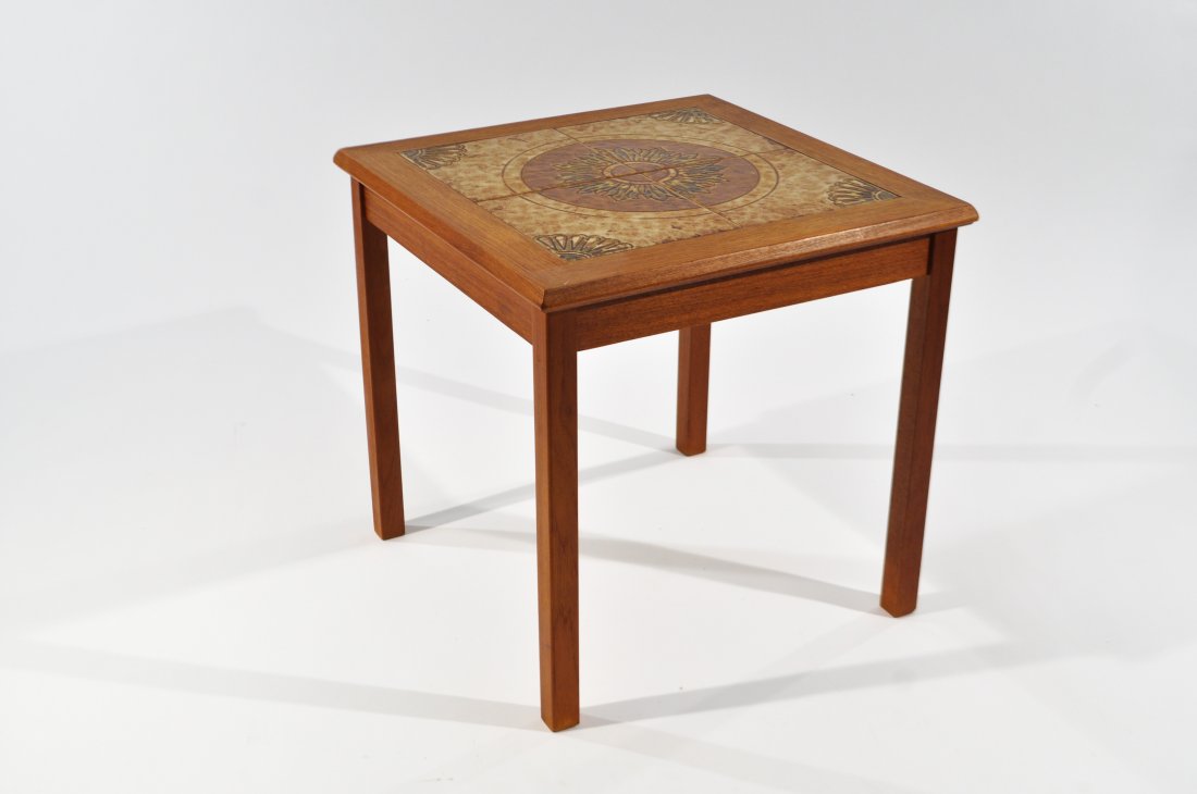 MOBELFABRIK TOFTEN TEAK AND CERAMIC TILE TABLE: Dimensions: H 20" x W 20.5" x D 20.5"Condition: Good, slight seperation at one end.