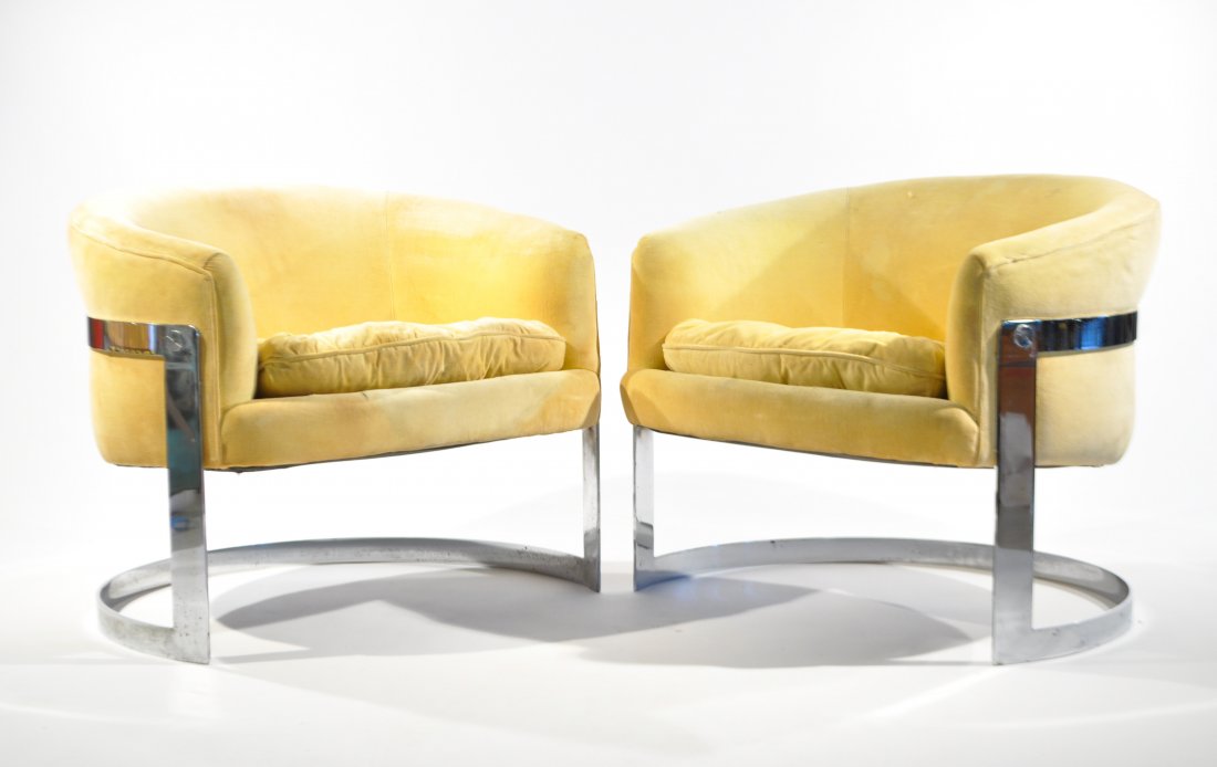PAIR OF MILO BAUGHMAN CLUB CHAIRS: For Flair Dimensions: H 26" x W 30" x D 27" Condition: some pitting to chrome, wear and one tear to fabric, light rust spots