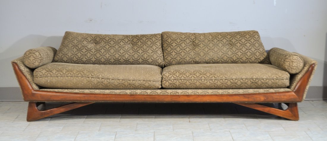ADRIAN PEARSALL MID-CENTURY SOFA: Dimensions: H 32" x W 103" x D 33" Condition: good, light wear to fabric, repairs to base at feet