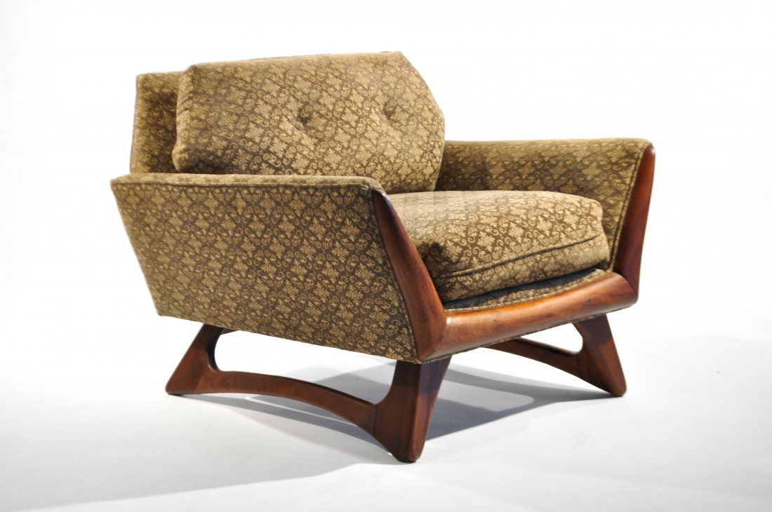 ADRIAN PEARSALL MID-CENTURY LOUNGE CHAIR: Dimensions: H 32" x W 35" x D 33" Condition: good, light wear to fabric, repairs to feet at base