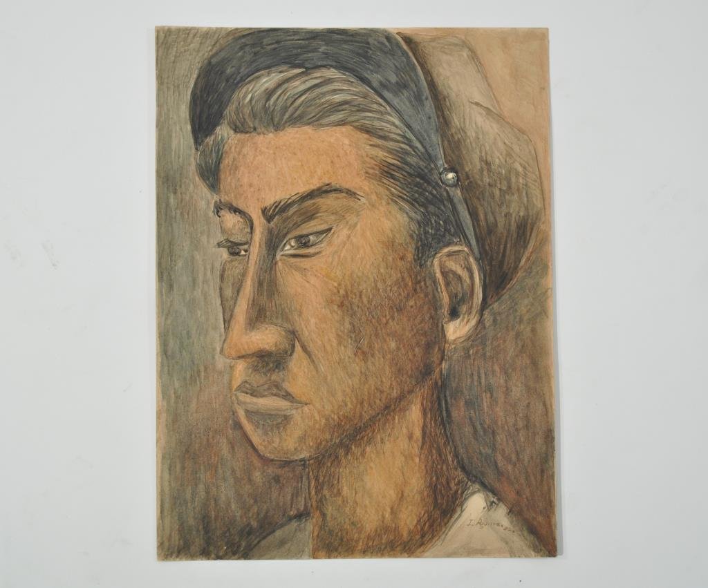LORENZO AGUIRRE SANCHEZ (SPANISH 1883 - 1942): "Night Worker", 1942 Watercolor on paper, signed lower right l. AGUIRRE Dimensions: H 17.25" x W 12.5" Condition: Good Provenance: Arthur and Joe Robinson Collection, Harrison, New York.